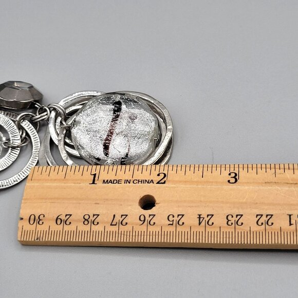 Silver Tone Striped Art Glass Pendant Necklace Linked Interlocking Circles 28" - Picture 9 of 10